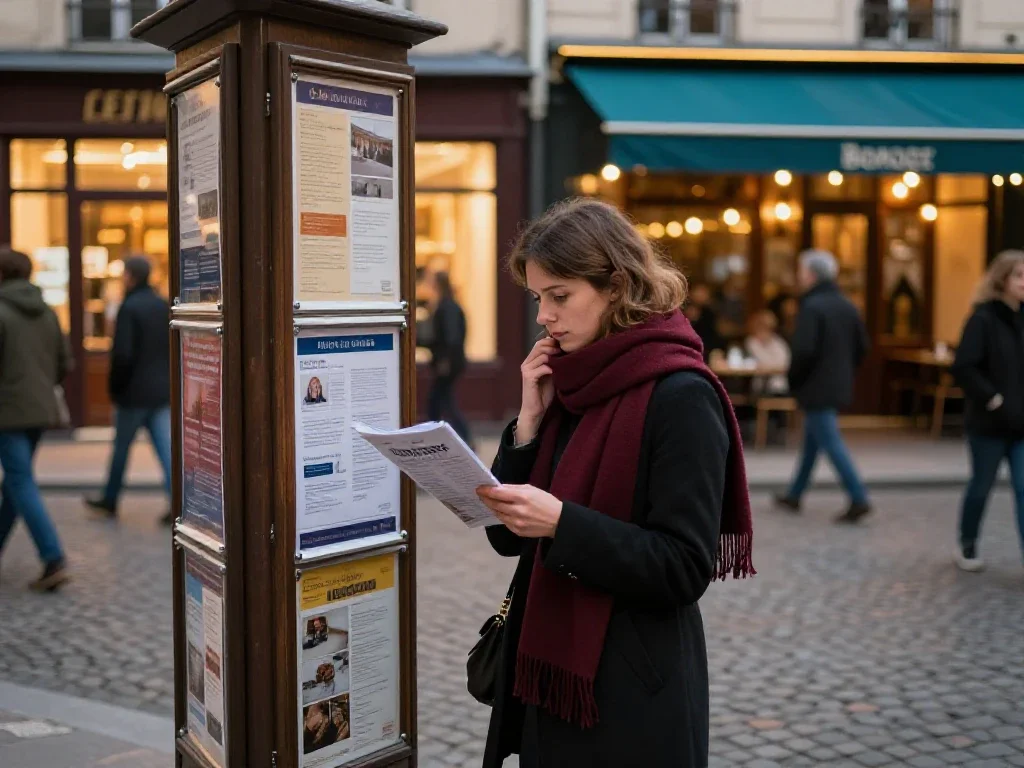 Rue européenne animée au crépuscule où une femme s'informe avant de prendre une décision.