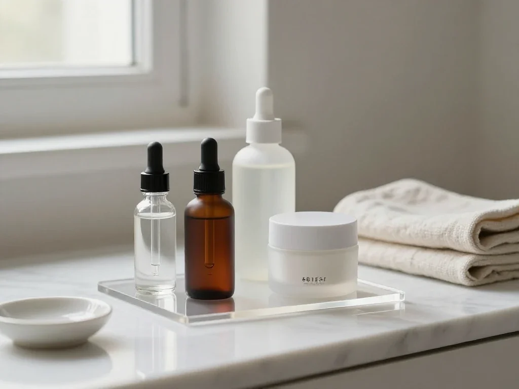 Gamme de soins cosmétiques sur un plateau, illustrant la diversité des choix pour la peau.